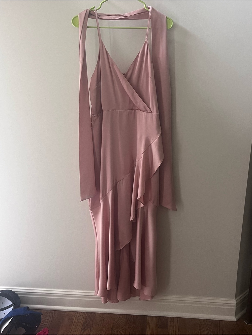 Express Blush Pink Satin Ruffle wrap HiLo maxi dress! Size M